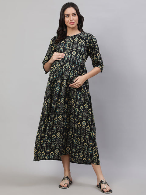 Women Black Printed Flared Maternity Dress