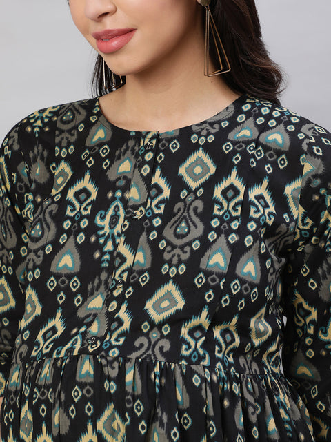 Women Black Printed Flared Maternity Dress