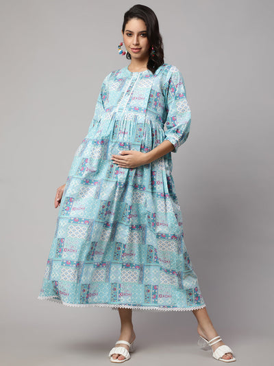 Women Sky Blue Printed Flared Maternity Dress