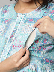Women Sky Blue Printed Flared Maternity Dress