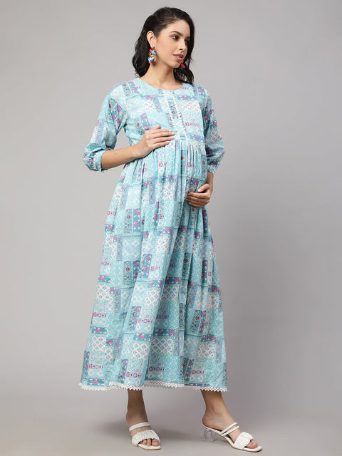 Women Sky Blue Printed Flared Maternity Dress