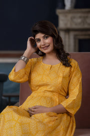 Women Yellow Printed Flared Maternity Dress