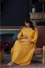Women Yellow Printed Flared Maternity Dress