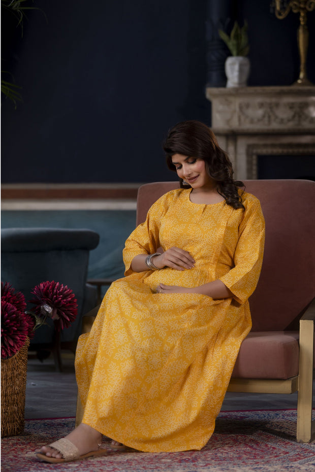 Women Yellow Printed Flared Maternity Dress