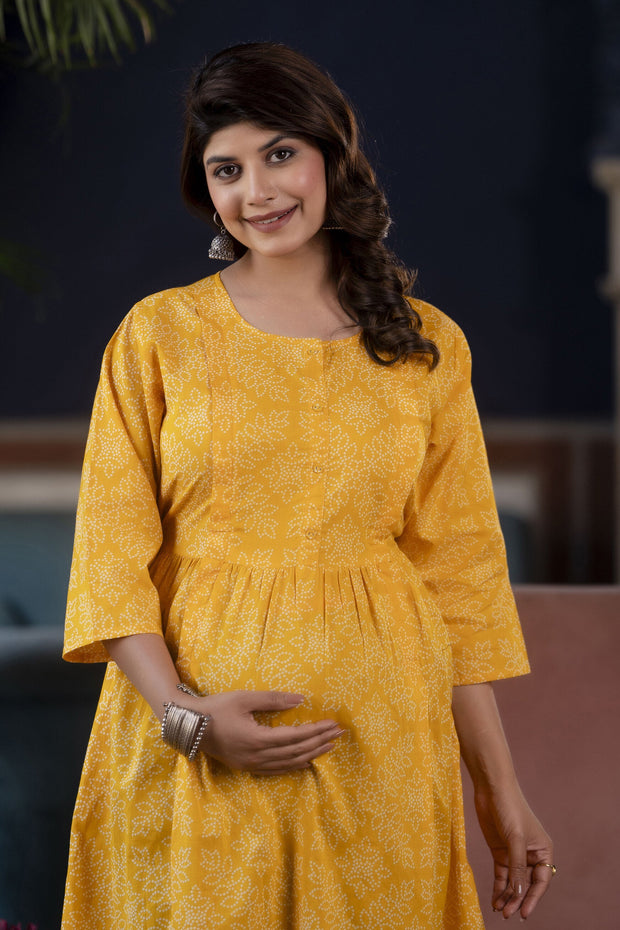 Women Yellow Printed Flared Maternity Dress
