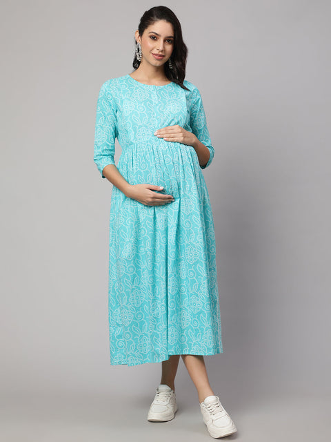 Women Sky Blue Printed Flared Maternity Dress