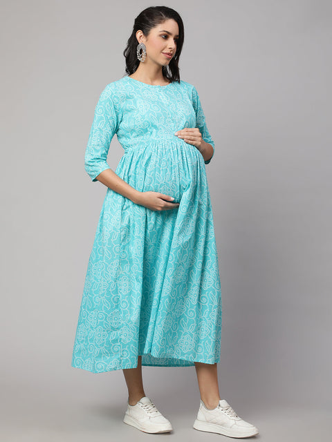 Women Sky Blue Printed Flared Maternity Dress