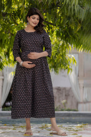 Women Black Printed Flared Maternity Dress