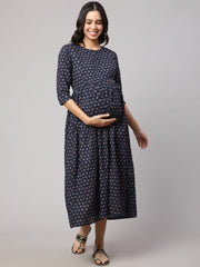 Women Navy Blue Printed Flared Maternity Dress