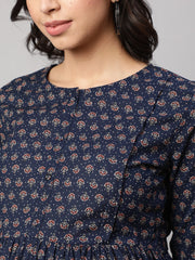 Women Navy Blue Printed Flared Maternity Dress