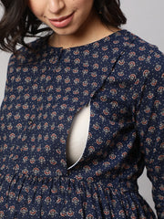 Women Navy Blue Printed Flared Maternity Dress