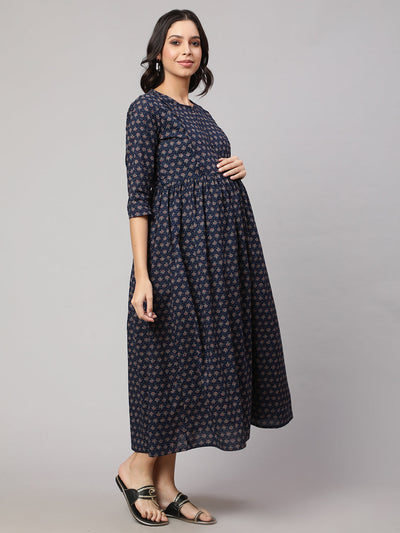 Women Navy Blue Printed Flared Maternity Dress