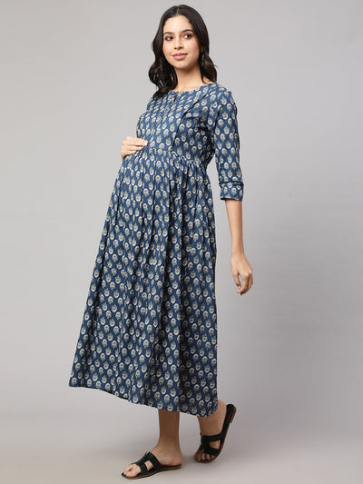 Women Blue Printed Flared Maternity Dress