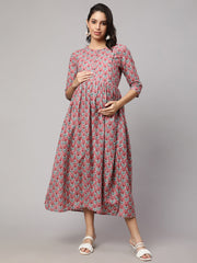 Women Mauve Floral Printed Flared Maternity Dress