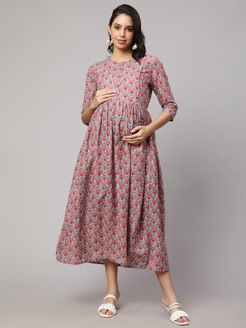 Women Mauve Floral Printed Flared Maternity Dress