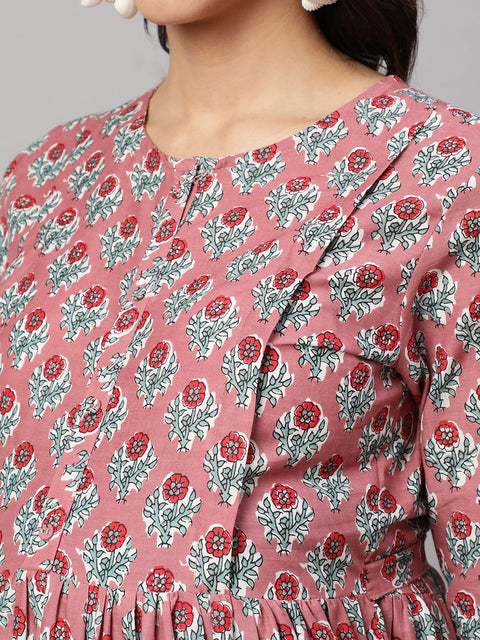 Women Mauve Floral Printed Flared Maternity Dress