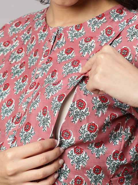 Women Mauve Floral Printed Flared Maternity Dress