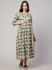 Women Beige Printed Flared Maternity Dress