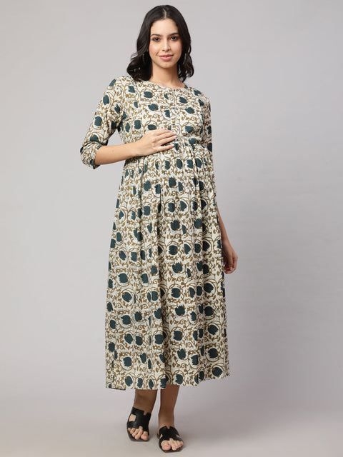 Women Beige Printed Flared Maternity Dress