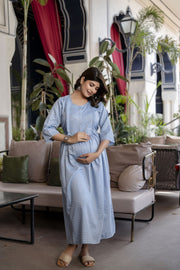 Women Blue Printed Flared Maternity Dress
