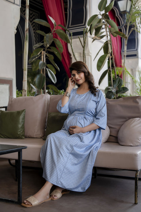Women Blue Printed Flared Maternity Dress