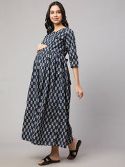 Women Blue Printed Flared Maternity Dress