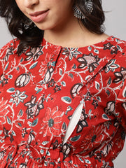 Women Red Floral Printed Flared Maternity Dress