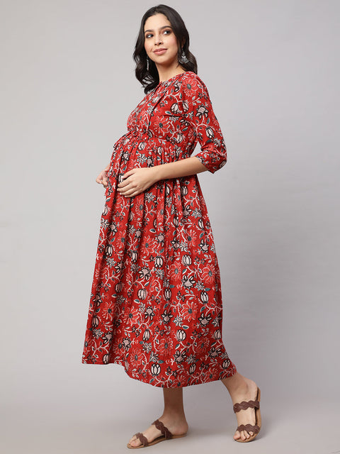 Women Red Floral Printed Flared Maternity Dress