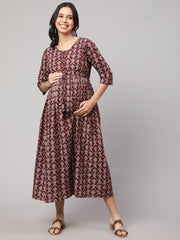 Women Burgundy Printed Maternity Dress