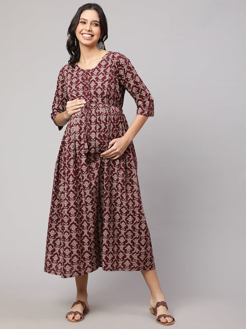 Women Burgundy Printed Maternity Dress
