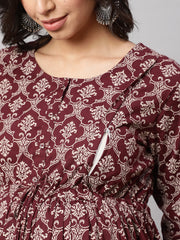 Women Burgundy Printed Maternity Dress