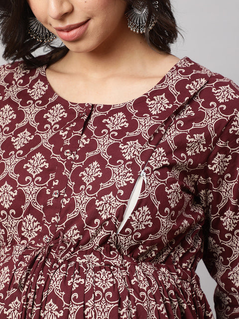 Women Burgundy Printed Maternity Dress