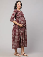 Women Burgundy Printed Maternity Dress