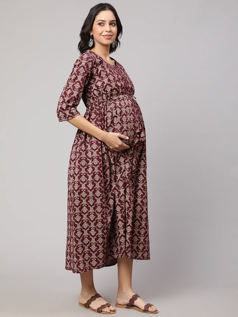 Women Burgundy Printed Maternity Dress