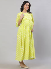 Women Yellow Printed Flared Maternity Dress