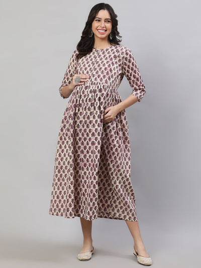 Women Beige Printed Flared Maternity Dress