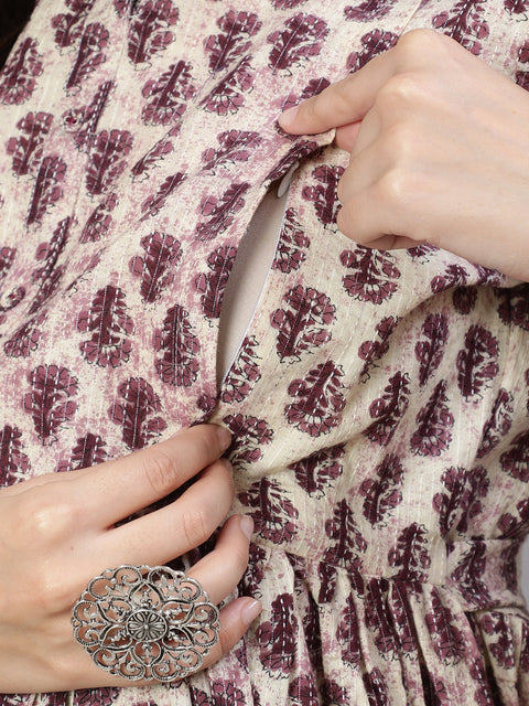 Women Beige Printed Flared Maternity Dress