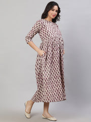 Women Beige Printed Flared Maternity Dress