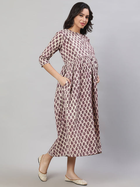 Women Beige Printed Flared Maternity Dress