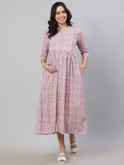 Women Off-White Printed Flared Maternity Dress