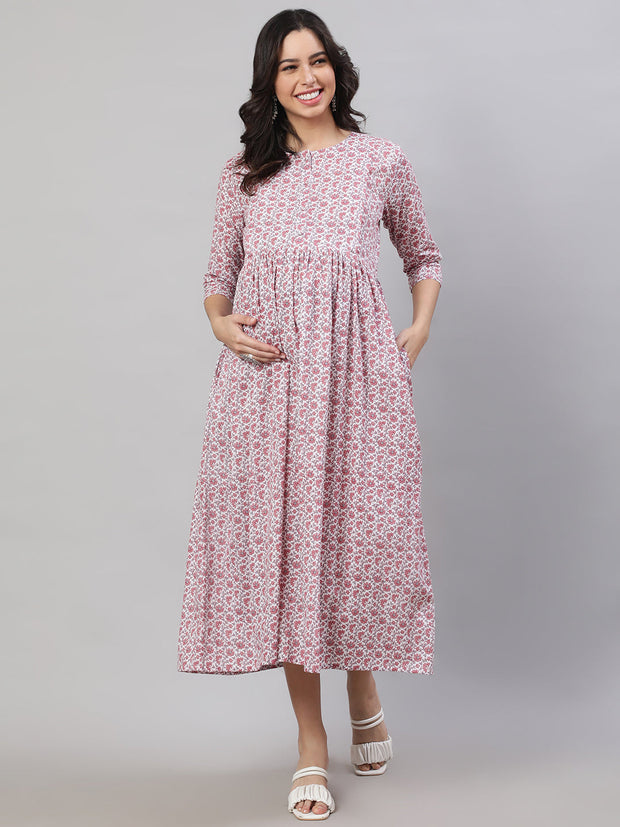 Women Off-White Printed Flared Maternity Dress
