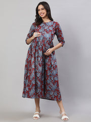 Women Maroon & Blue Printed Flared Maternity Dress