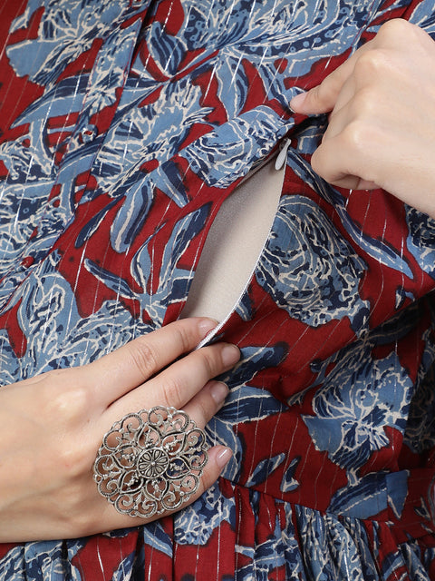 Women Maroon & Blue Printed Flared Maternity Dress
