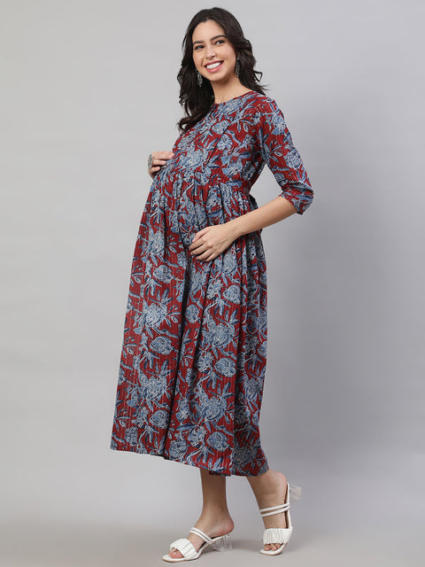 Women Maroon & Blue Printed Flared Maternity Dress