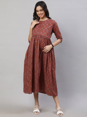 Women Rust Printed Flared Maternity Dress