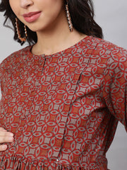 Women Rust Printed Flared Maternity Dress