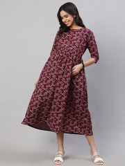 Women Burgundy Printed Flared Maternity Dress