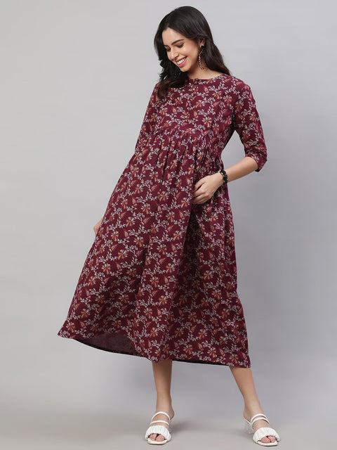 Women Burgundy Printed Flared Maternity Dress