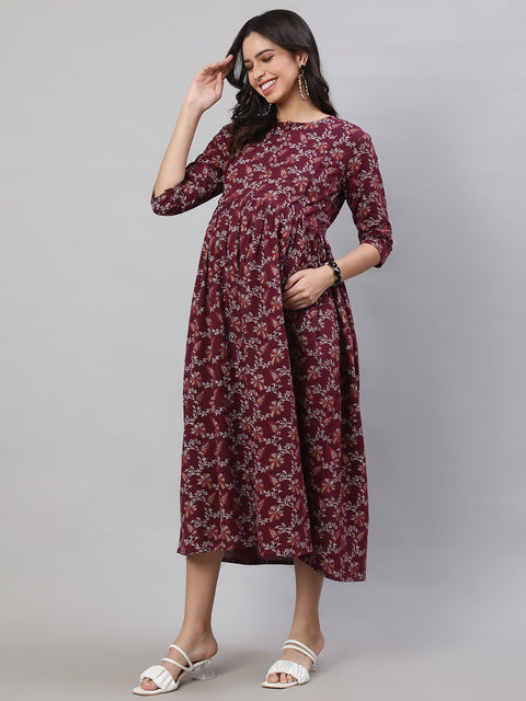 Women Burgundy Printed Flared Maternity Dress