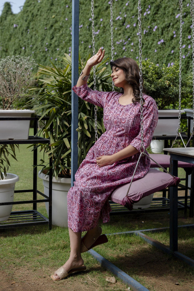 Women Levender Printed Flared Maternity Dress